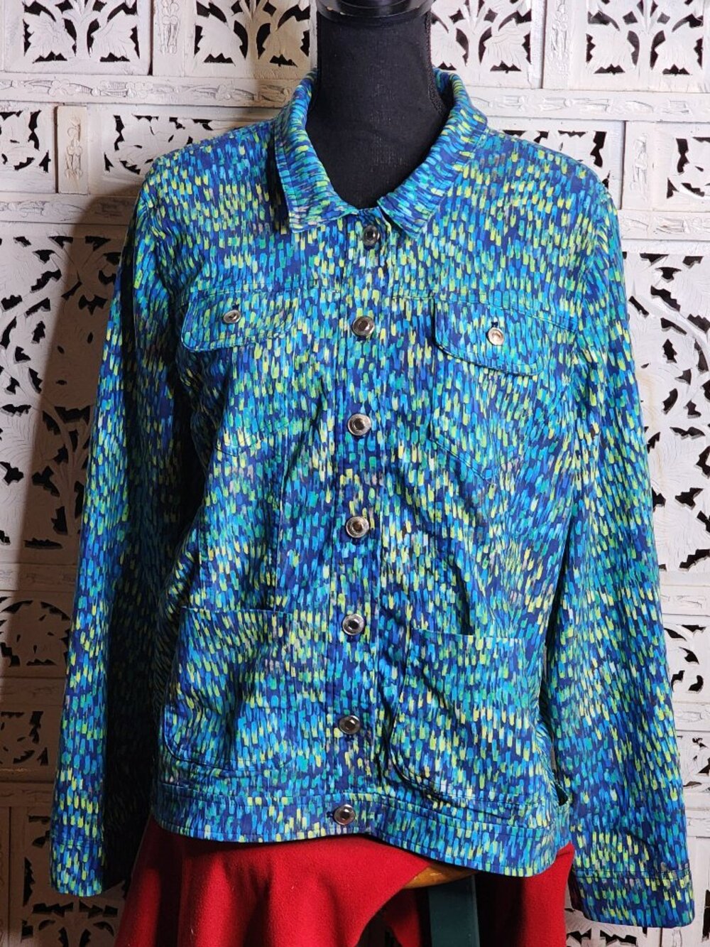 Attyre New York Blue Green Yellow Abstract Print Rayon Nylon Span Adj Blazer XL